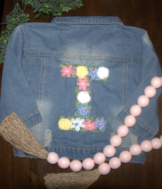 Personalized Denim Distressed Jacket - Customized Floral Initial / Child