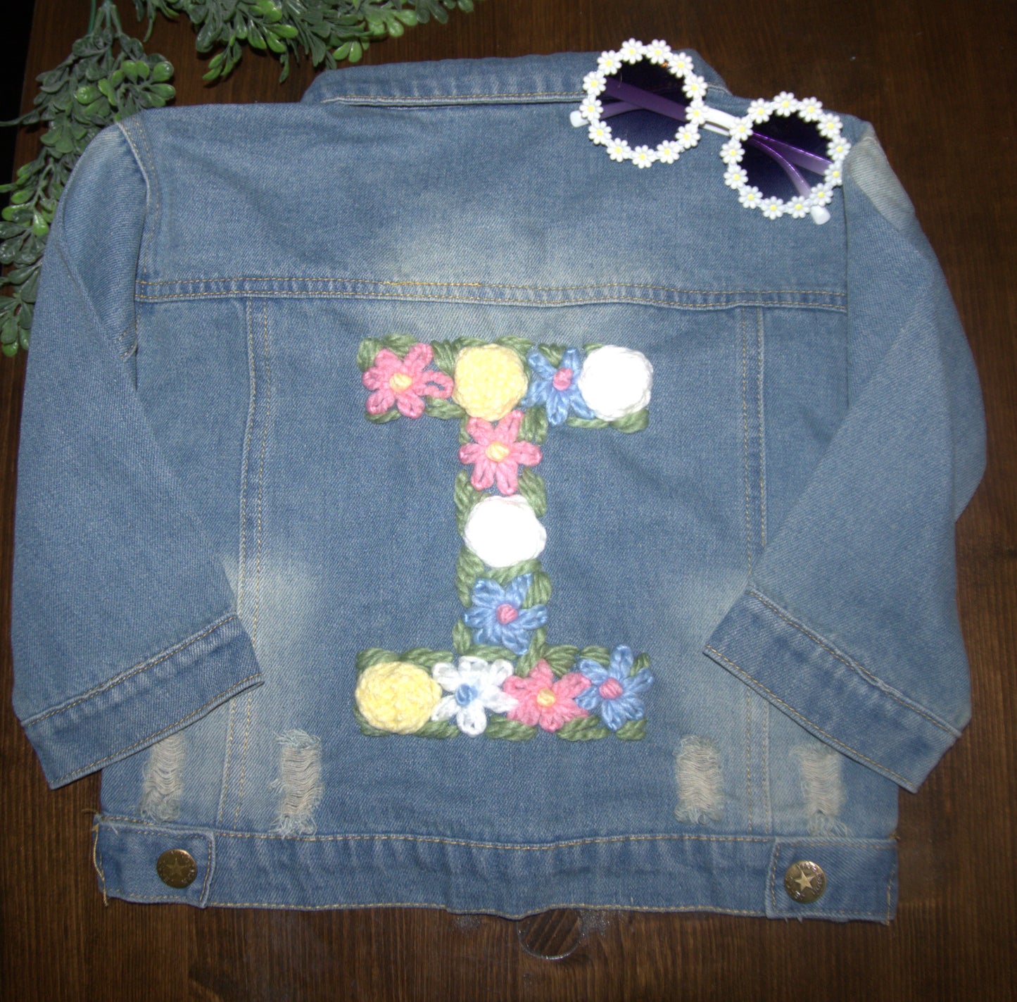 Personalized Denim Distressed Jacket - Customized Floral Initial / Child