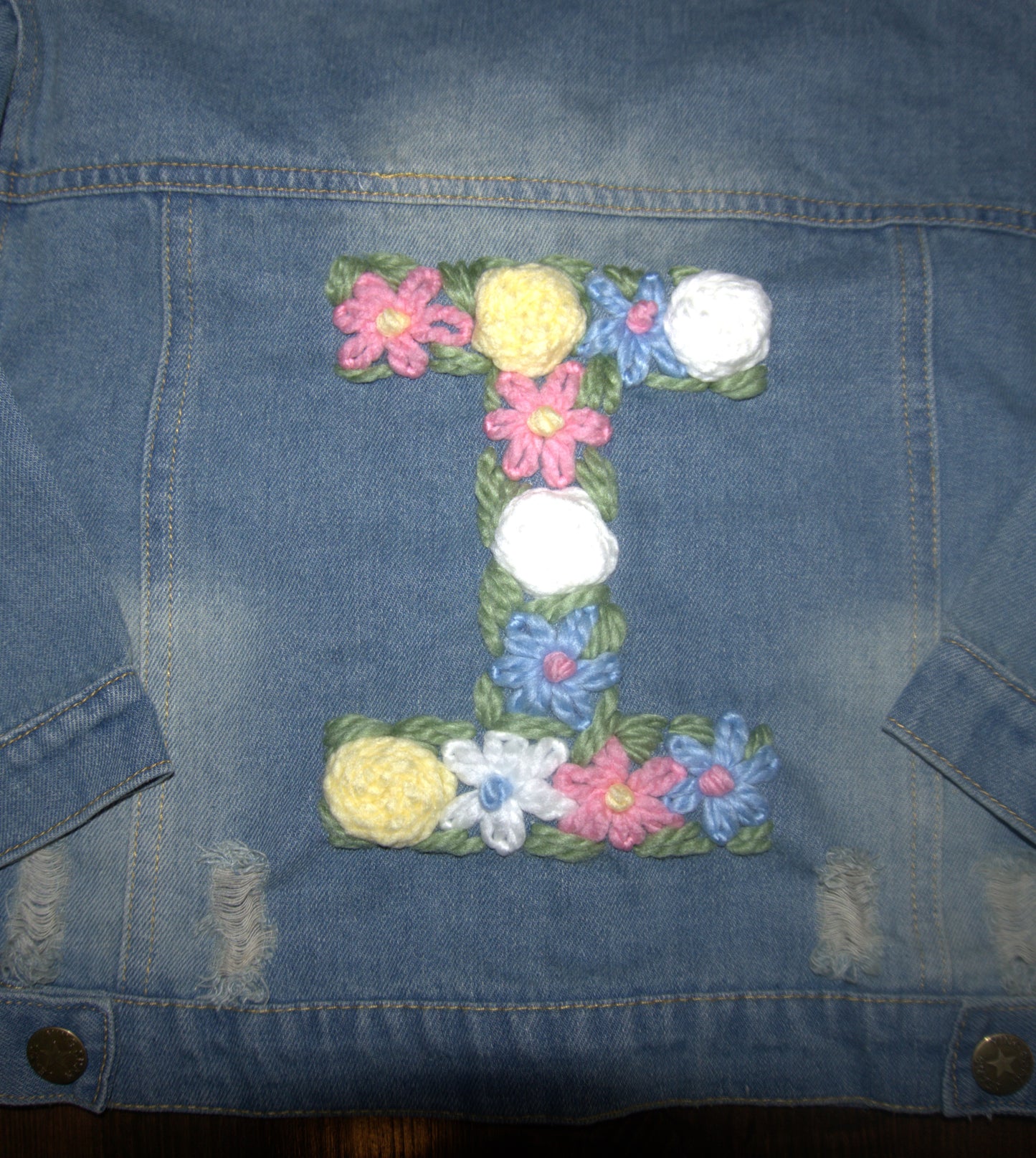 Personalized Denim Distressed Jacket - Customized Floral Initial / Child