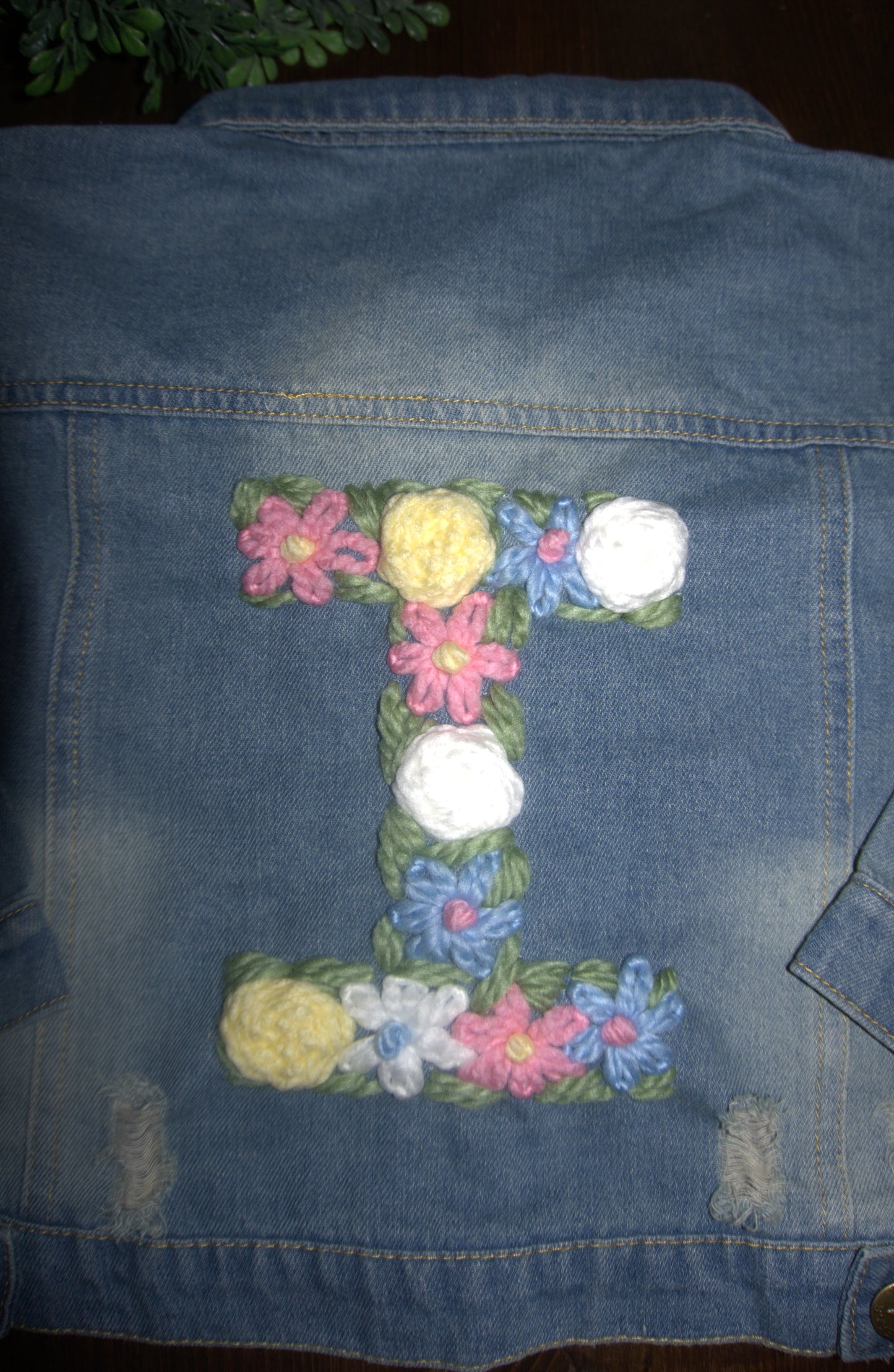 Personalized Denim Distressed Jacket - Customized Floral Initial / Child