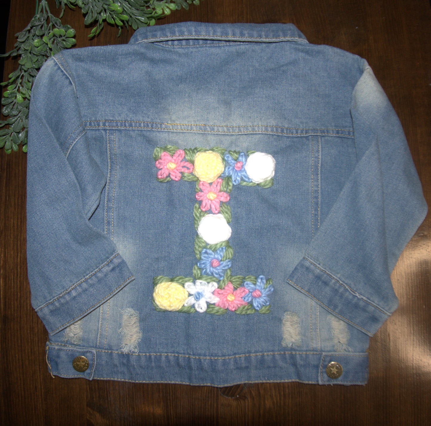 Personalized Denim Distressed Jacket - Customized Floral Initial / Child