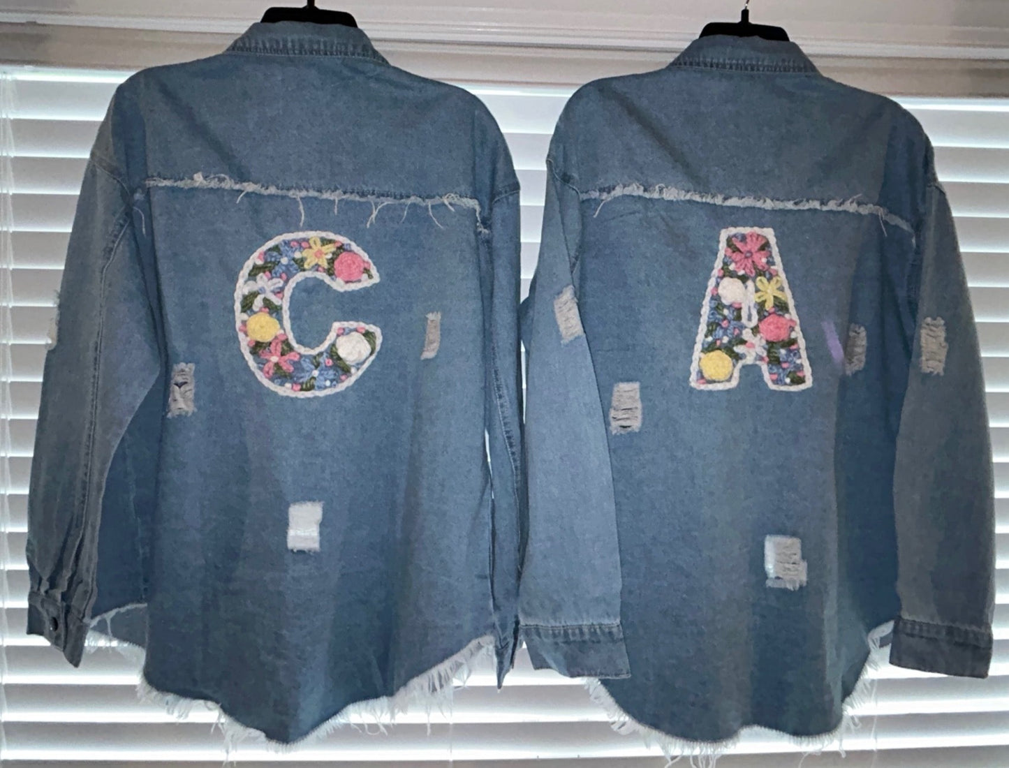 Personalized Denim Distressed Jacket - Customized Floral Initial with outline / Adult