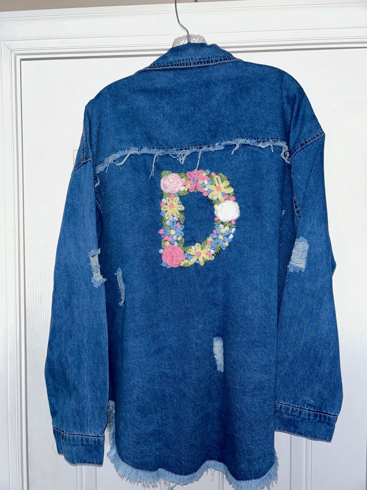 Personalized Denim Distressed Jacket - Customized Floral Initial / Adult