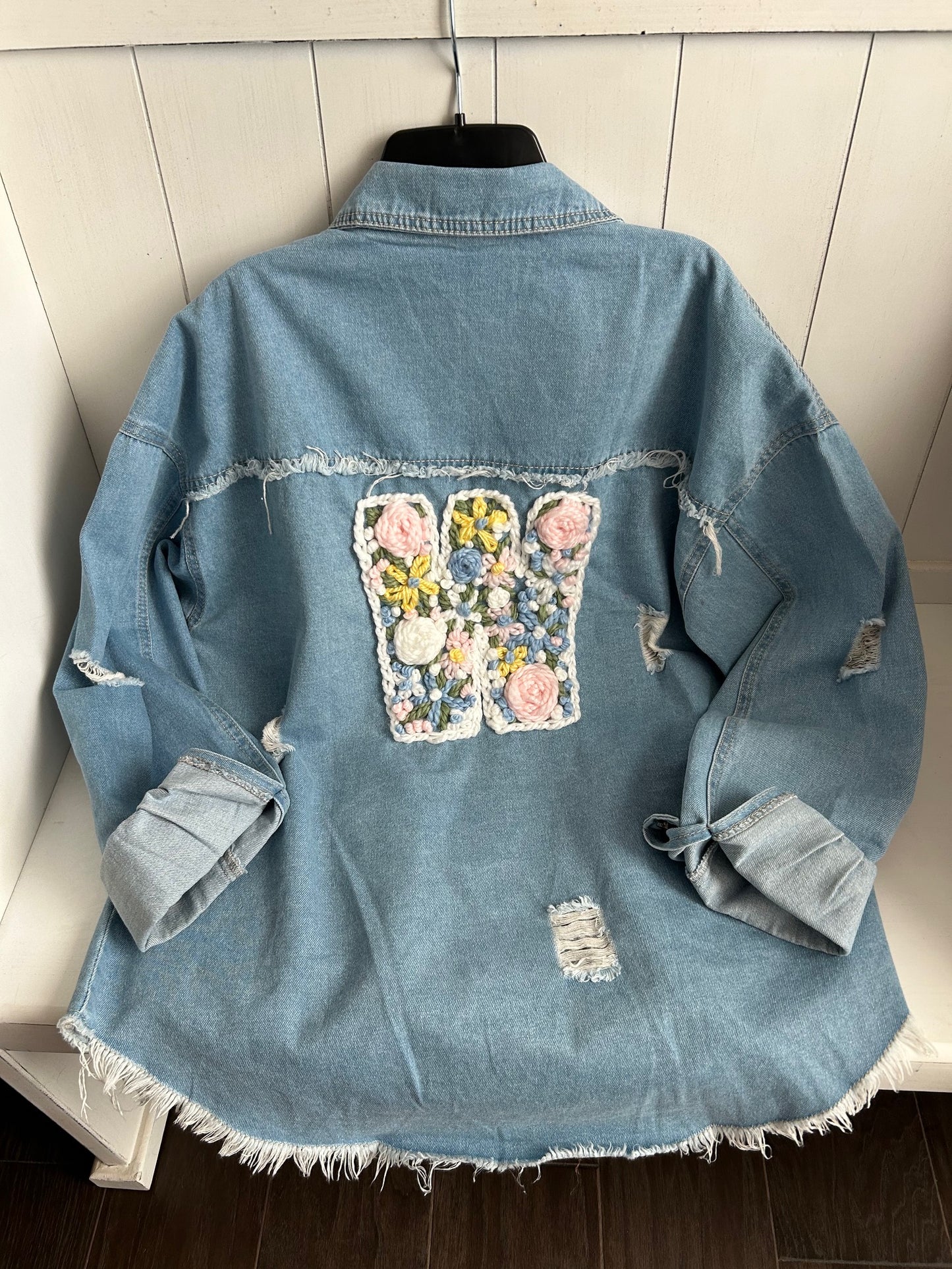 Personalized Denim Distressed Jacket - Customized Floral Initial with outline / Adult