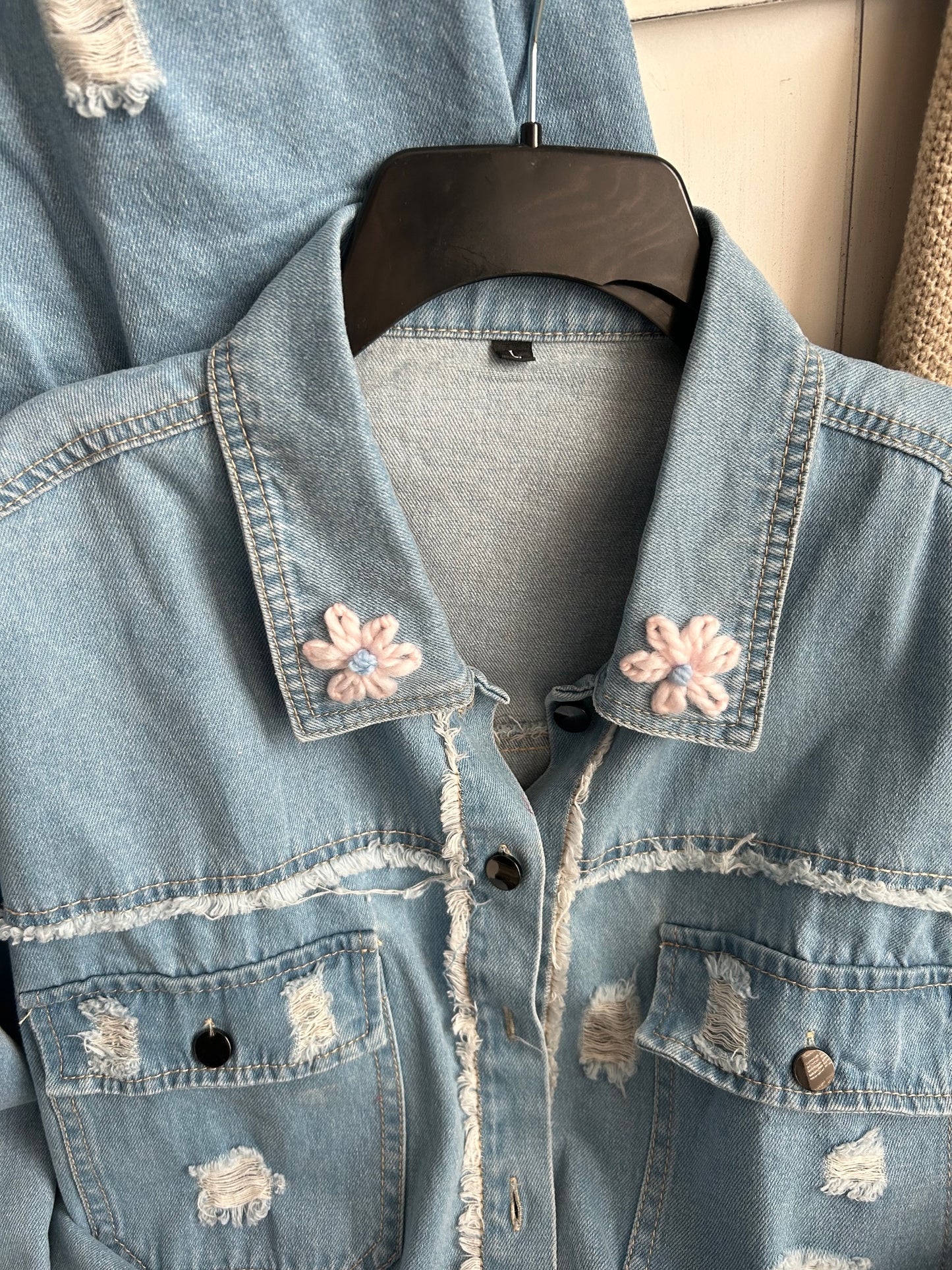 Personalized Denim Distressed Jacket - Customized Floral Initial with outline / Adult