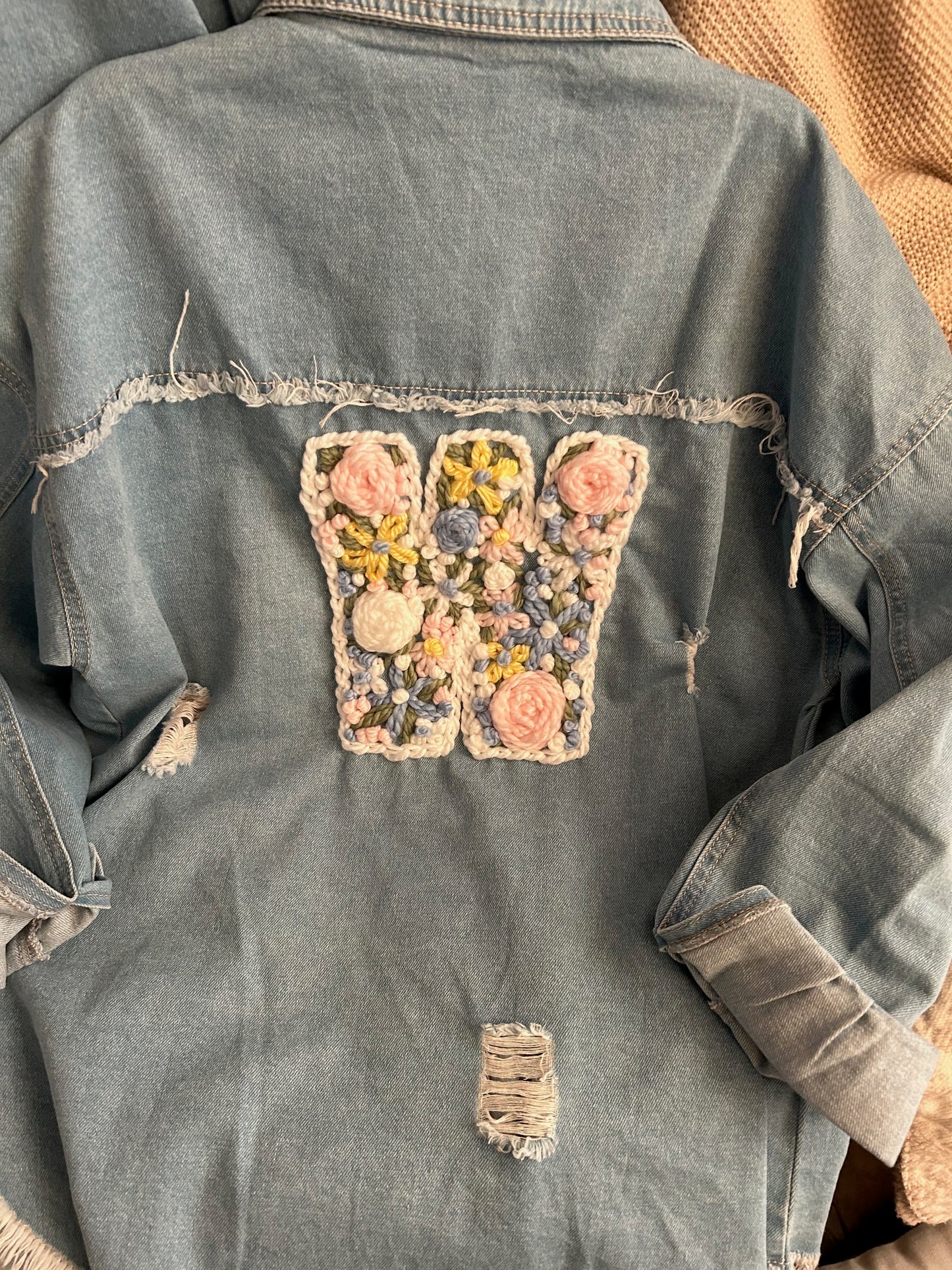 Personalized Denim Distressed Jacket - Customized Floral Initial with outline / Adult