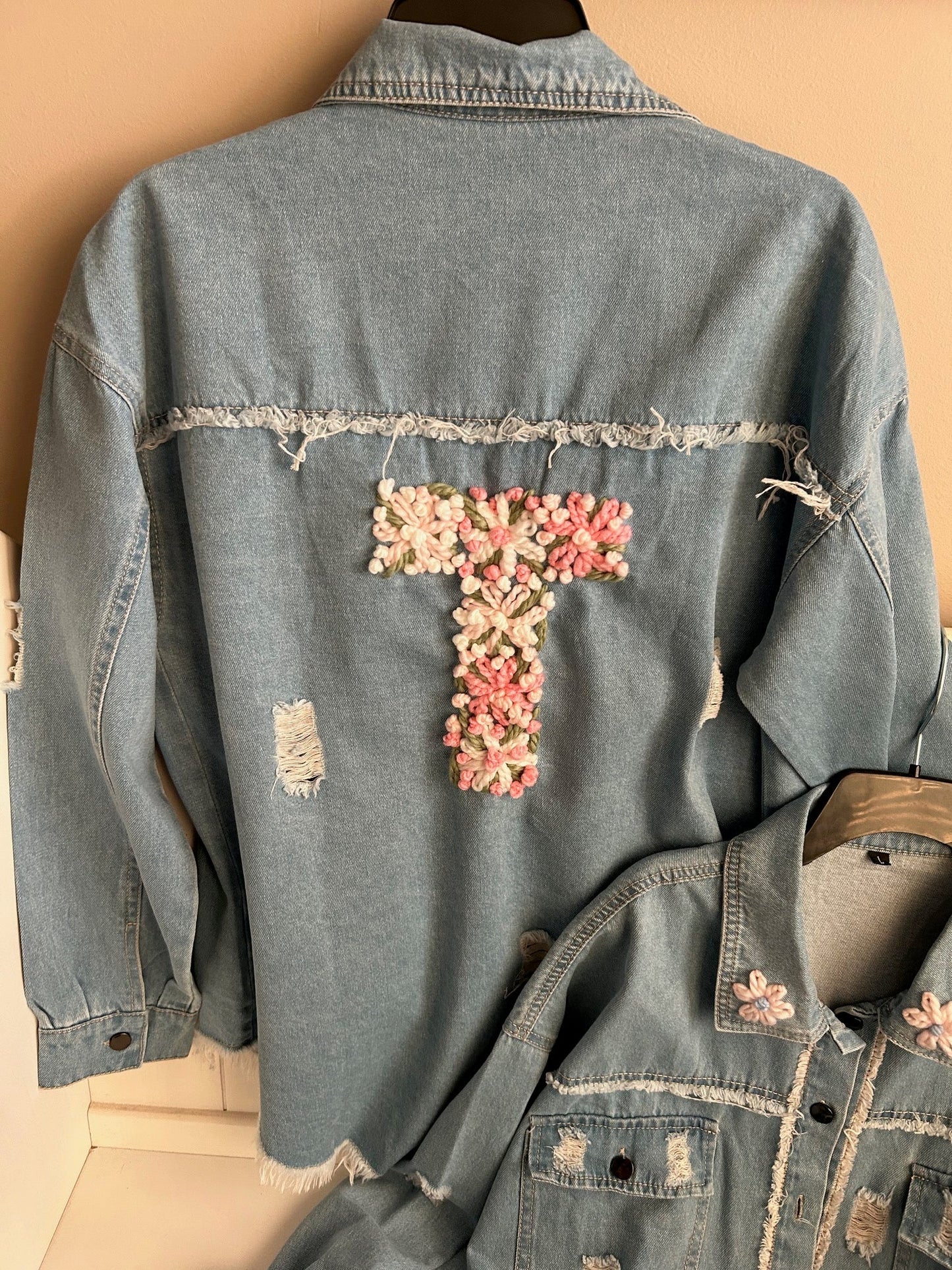 Personalized Denim Distressed Jacket - Customized Floral Initial / Adult